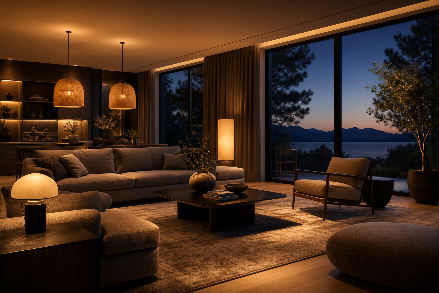 Interno al tramonto con luci calde stratificate